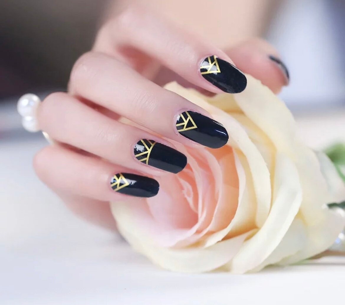 Geometric Black and Gold - Dry Nail Polish - Long Wear Nail Wraps - Nail Strips