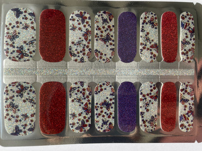 Glitter Patriotic Butterfly - Red White and Blue - Stars and Stripes - American - 4th of July - Dry Nail Polish - Long Wear Nail Wraps