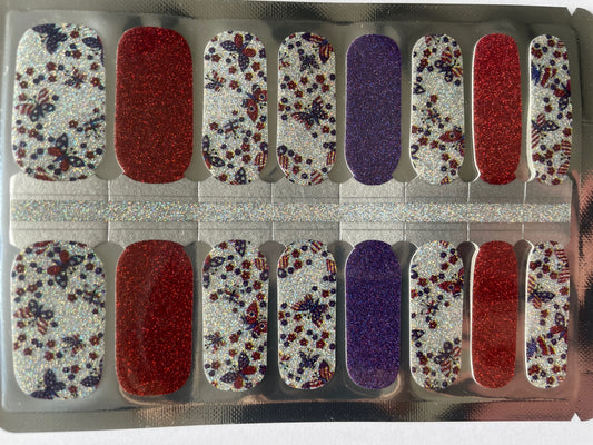 Glitter Patriotic Butterfly - Red White and Blue - Stars and Stripes - American - 4th of July - Dry Nail Polish - Long Wear Nail Wraps