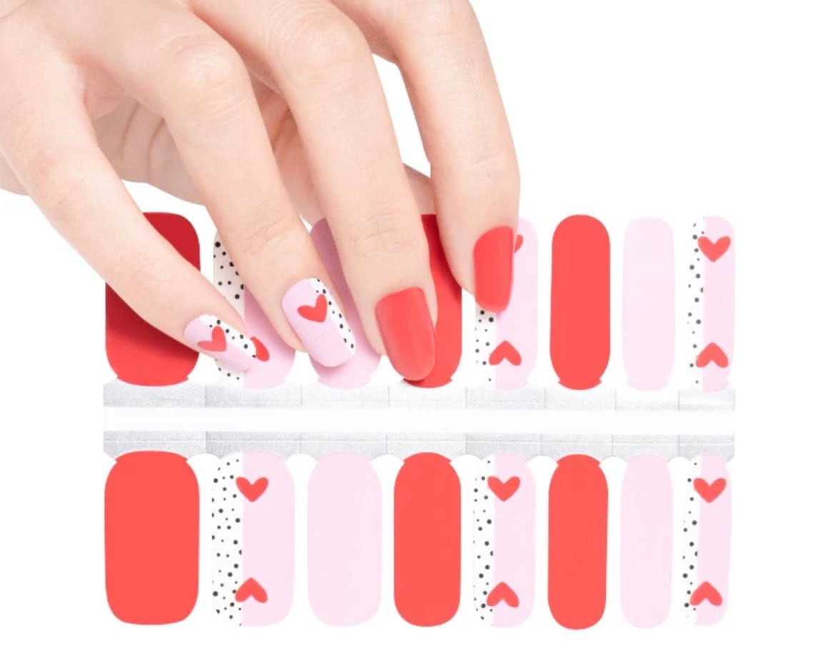 Valentine - Red Hearts - Pink and Red Long Lasting Nail Wraps - Nail Strips - Dry Nail Polish