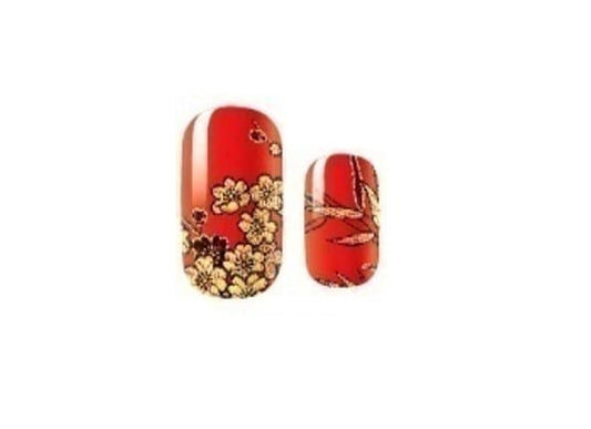 Nail Wraps - Nail Stickers - Red with gold flowers - Dry Nail Polish - Long Wear Nail Wraps