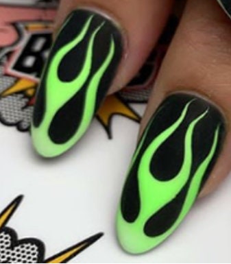 Nail Wraps - Nail Stickers - Black Neon Green Flames - Dry Nail Polish - Long Wear Nail Wraps