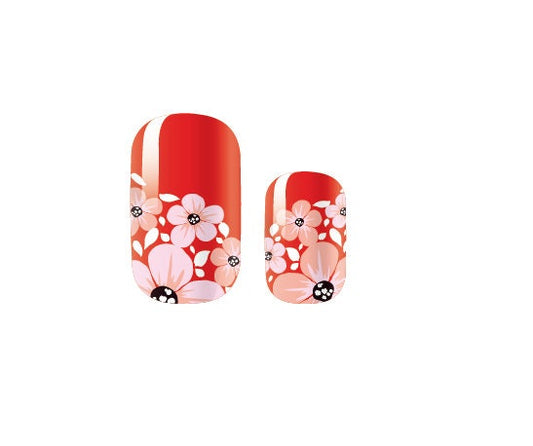 Nail Wraps - Nail Stickers - Red with white flowers - Dry Nail Polish - Long Wear Nail Wraps