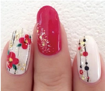 Nail Wraps - Nail Stickers - Red and White Glitter Floral- Dry Nail Polish - Long Wear Nail Wraps