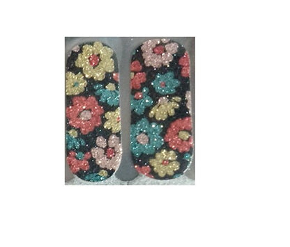 Nail Wraps - Nail Stickers - Black Glitter Retro Flowers - Dry Nail Polish - Long Wear Nail Wraps