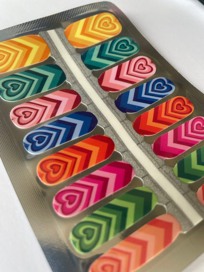 Multicolored Heart Nail Wraps/Stickers - Rainbow Hearts Nail Art - Unique Manicure Set