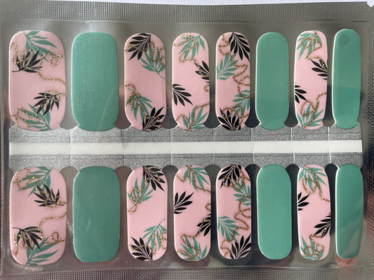 Nail Wraps - Nail Stickers - Black and Green Foliage on Pink- Dry Nail Polish - Long Wear Nail Wraps