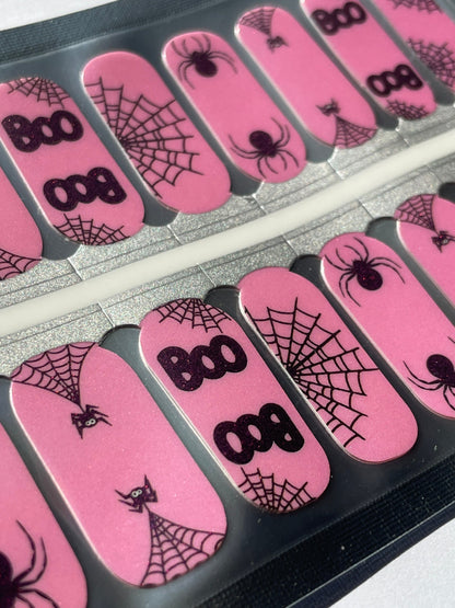 Nail Wraps - Nail Stickers - Pink Halloween - Boo - Spiders - Dry Nail Polish - Long Wear Nail Wraps - Nail Decals