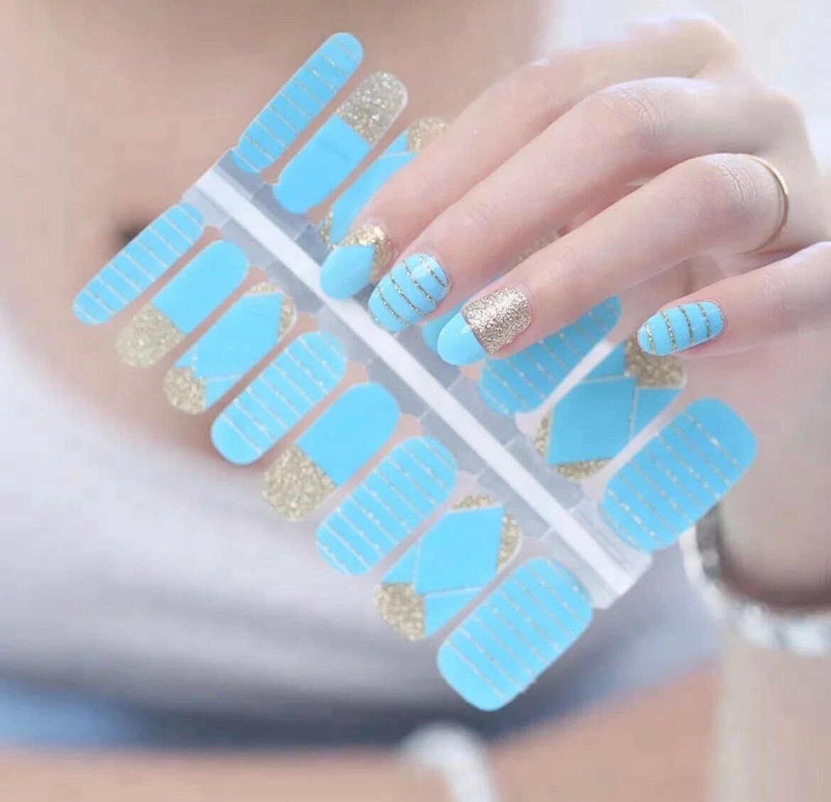 Nail Wraps - Nail Strips - Nail Stickers - Nail Polish - Geometric - Blue and Gold Glitter