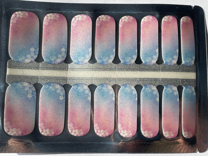 Nail Wraps - Nail Stickers - Ombre Blue and Pink with White Flowers - Dry Nail Polish - Long Wear Nail Wraps