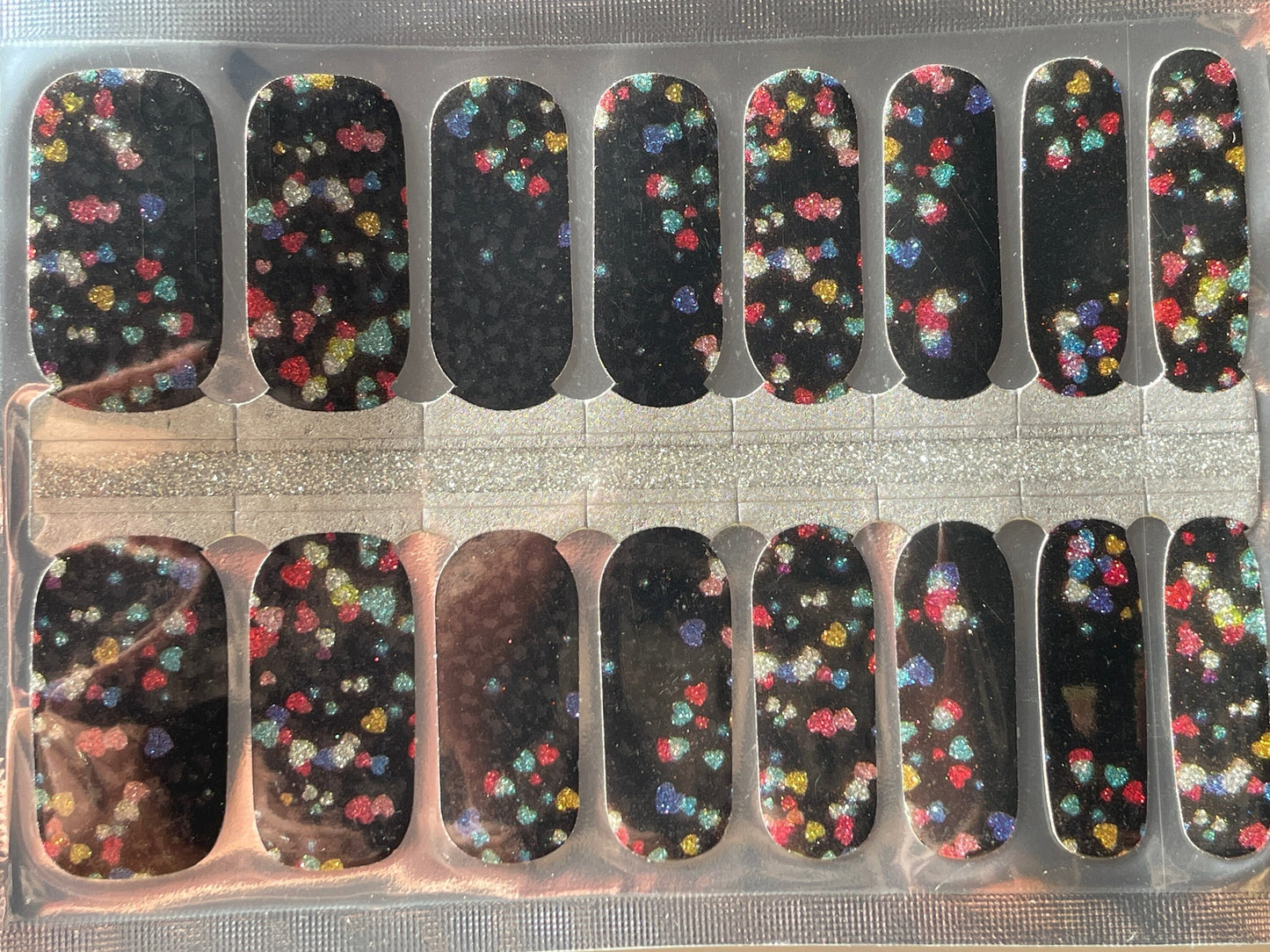 Nail Wraps - Nail Stickers - Black with Rainbow Heart Glitter - Dry Nail Polish - Long Wear Nail Wraps - Nail Polish Wraps - Nail Decals