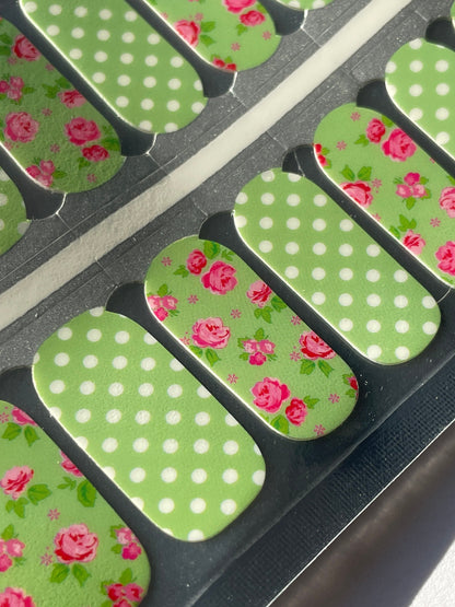 Nail Wraps - Nail Stickers - Nail Polish - Nail Strips - Nail Decals - Green and White Polka Dots and roses