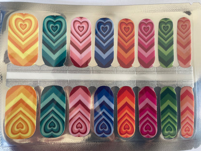 Multicolored Heart Nail Wraps/Stickers - Rainbow Hearts Nail Art - Unique Manicure Set