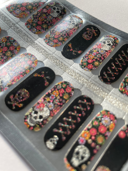 Nail Wraps - Nail Stickers - Glitter Sugar Skulls - Floral - Dry Nail Polish - Long Wear Nail Wraps