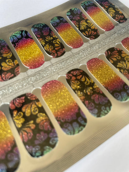 Glitter Nail Wraps - Nail Stickers - Black and Rainbow - Dry Nail Polish - Long Wear Nail Wraps