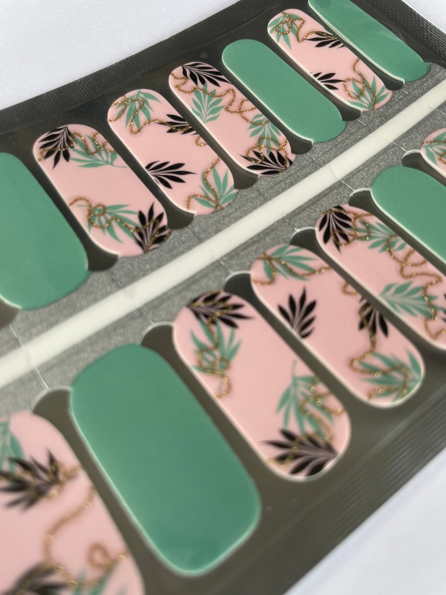 Nail Wraps - Nail Stickers - Black and Green Foliage on Pink- Dry Nail Polish - Long Wear Nail Wraps