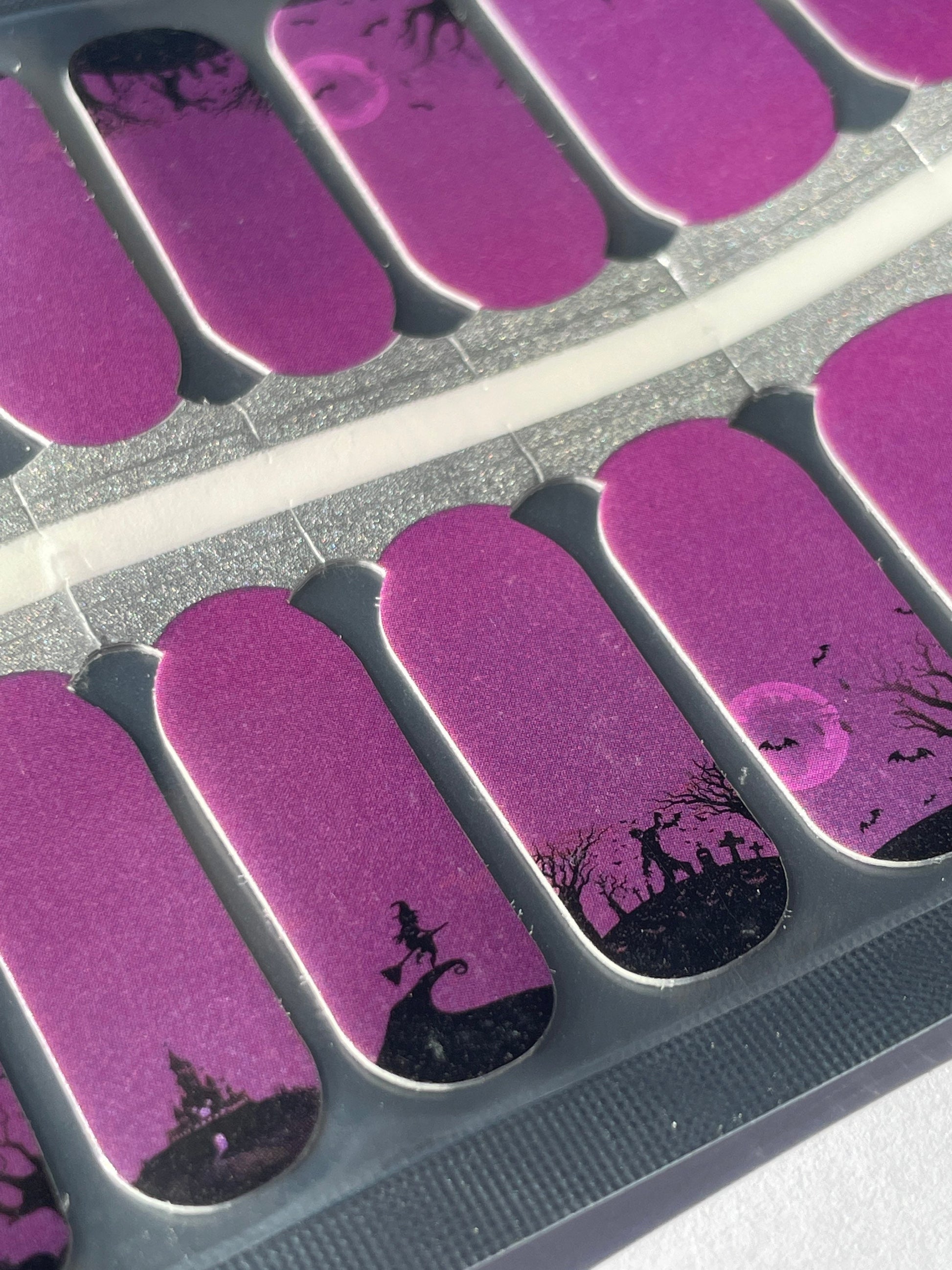 Nail Wraps - Nail Stickers - Halloween Black and Purple - Witches, Cats and Bats - Dry Nail Polish - Long Wear Nail Wraps