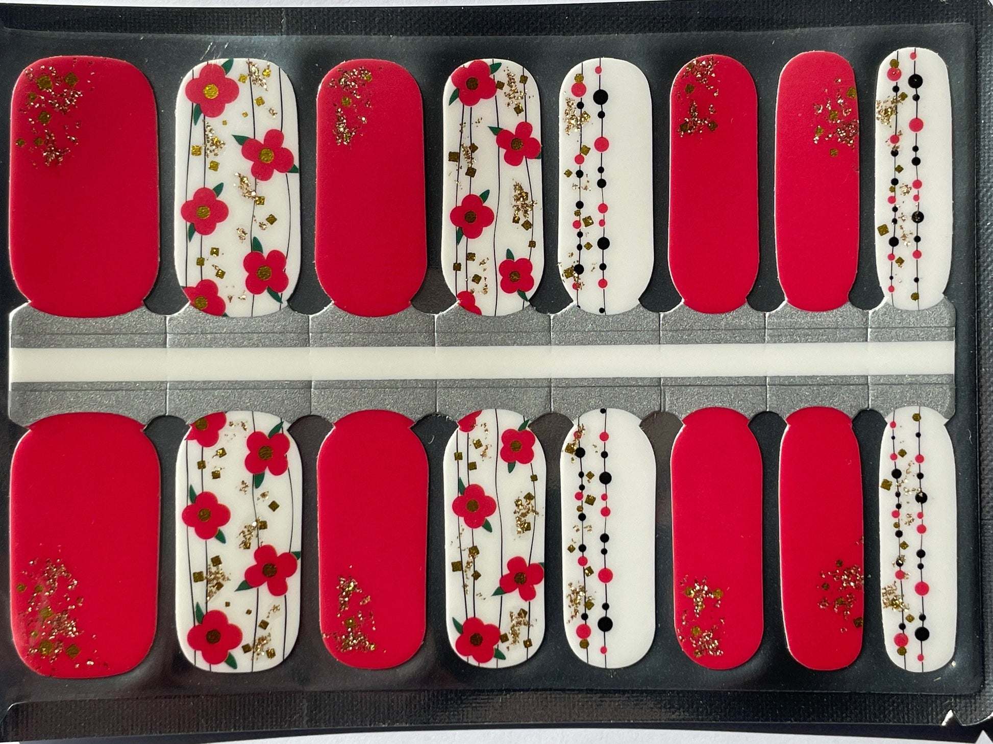 Nail Wraps - Nail Stickers - Red and White Glitter Floral- Dry Nail Polish - Long Wear Nail Wraps