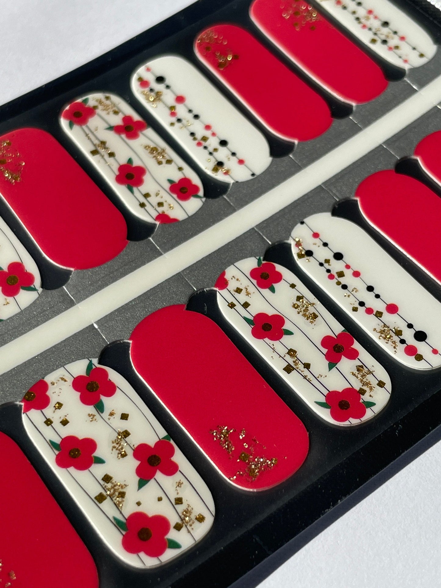 Nail Wraps - Nail Stickers - Red and White Glitter Floral- Dry Nail Polish - Long Wear Nail Wraps