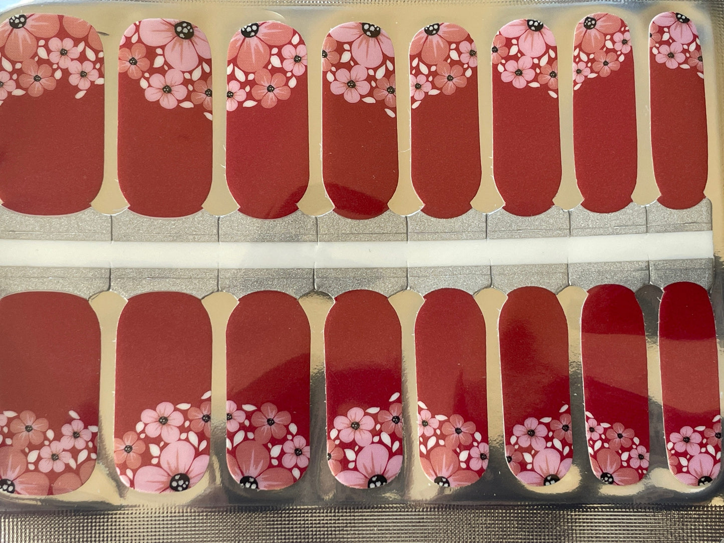 Nail Wraps - Nail Stickers - Red with white flowers - Dry Nail Polish - Long Wear Nail Wraps