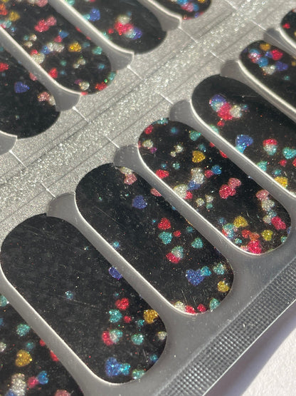 Nail Wraps - Nail Stickers - Black with Rainbow Heart Glitter - Dry Nail Polish - Long Wear Nail Wraps - Nail Polish Wraps - Nail Decals