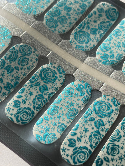 Transparent Nail Wraps - Nail Stickers - Metallic Blue Roses - Long Wear Nail Wraps - Nail Decals - Nail Polish Wraps