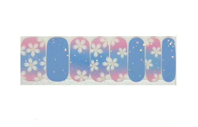 Nail Wraps - Nail Stickers - Glitter Ombre Blue and Pink with White Flowers - Dry Nail Polish - Long Wear Nail Wraps