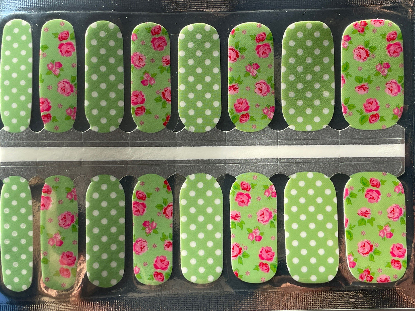 Nail Wraps - Nail Stickers - Nail Polish - Nail Strips - Nail Decals - Green and White Polka Dots and roses