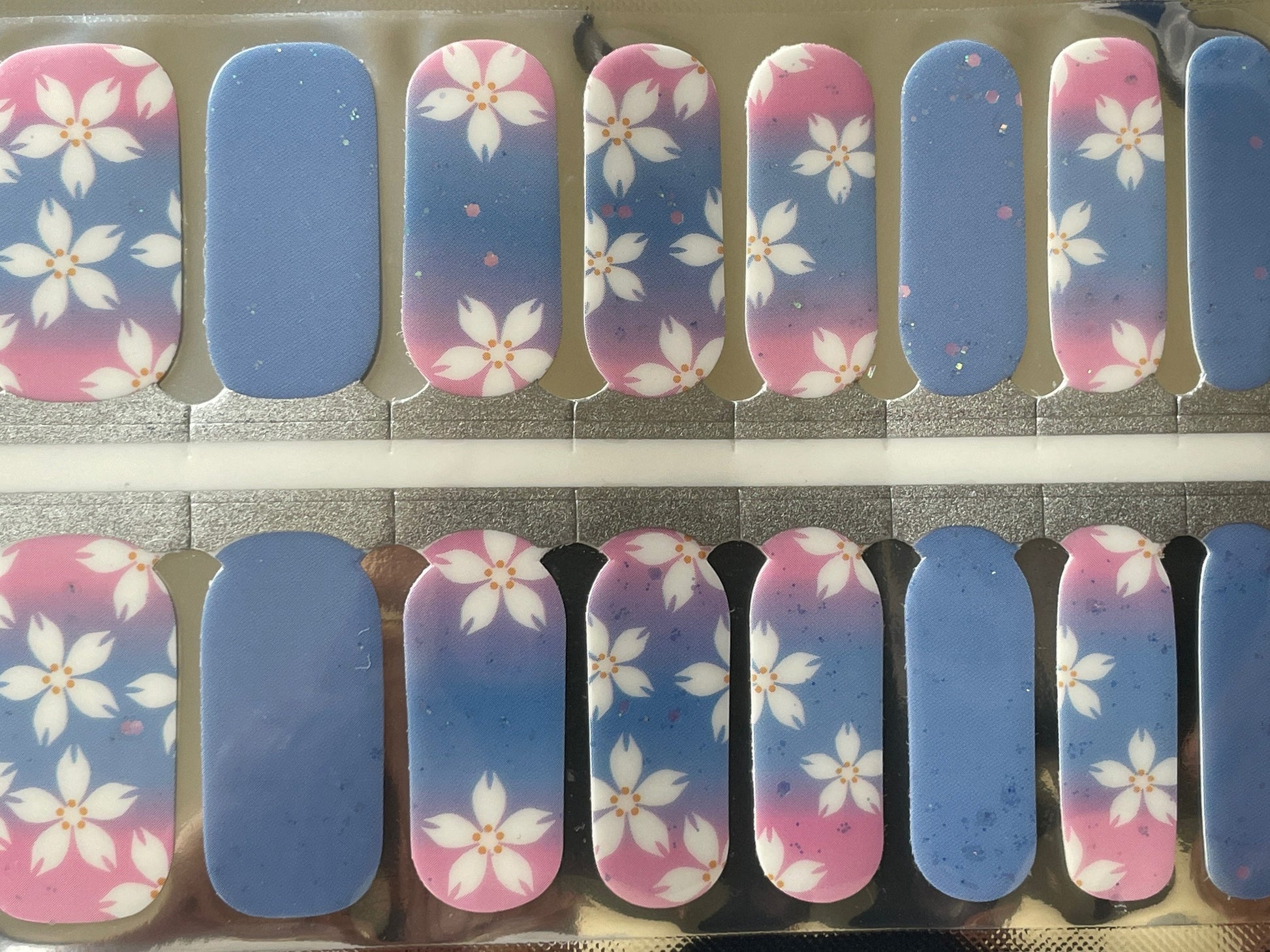 Nail Wraps - Nail Stickers - Glitter Ombre Blue and Pink with White Flowers - Dry Nail Polish - Long Wear Nail Wraps