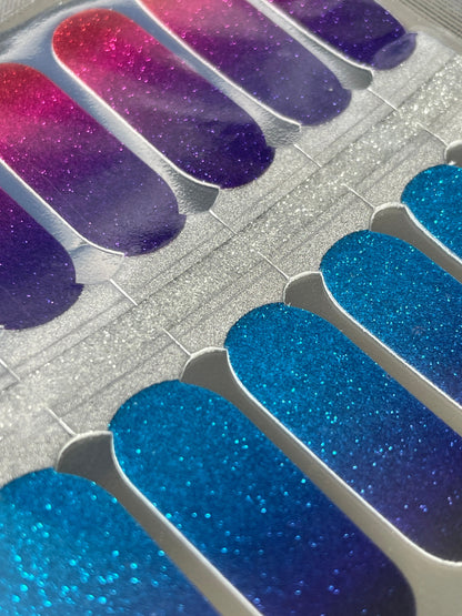 Glitter Nail Wraps - Nail Stickers - Blue and red ombré - Dry Nail Polish - Long Wear Nail Wraps