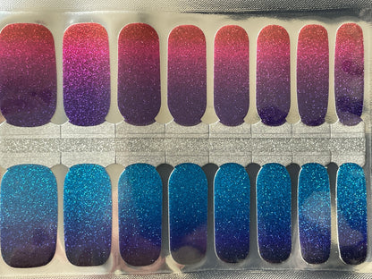 Glitter Nail Wraps - Nail Stickers - Blue and red ombré - Dry Nail Polish - Long Wear Nail Wraps