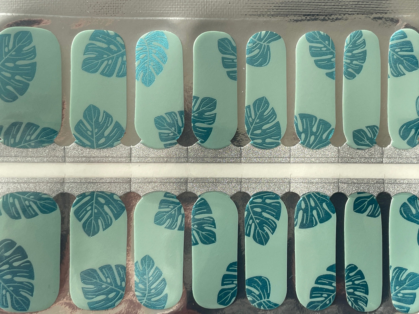 Nail Wraps - Nail Stickers - Nail Decals - Nail Strips - Metallic Blue Monstera - Houseplant nail wraps