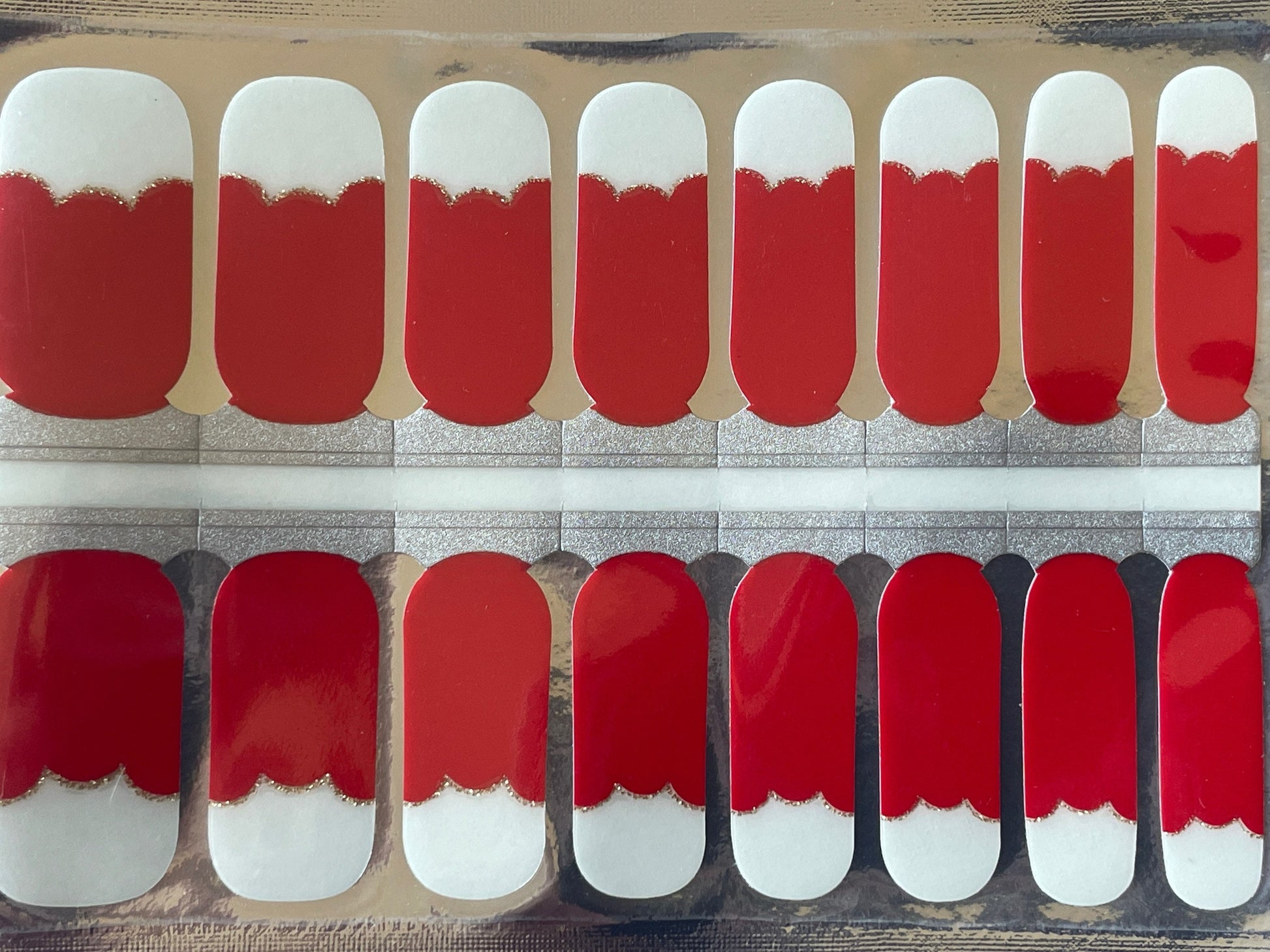 Transparent - Scalloped Red and Gold French Manicure - Dry Nail Polish - Long Wear Nail Wraps