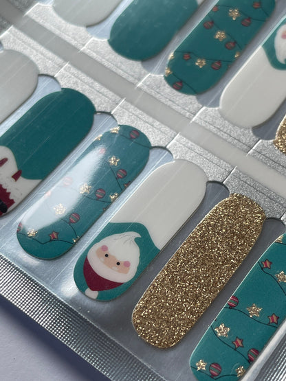 Teal Santa Nail Strips - Christmas Holiday Nail Wrap - Nail Strip - Dry Nail Polish