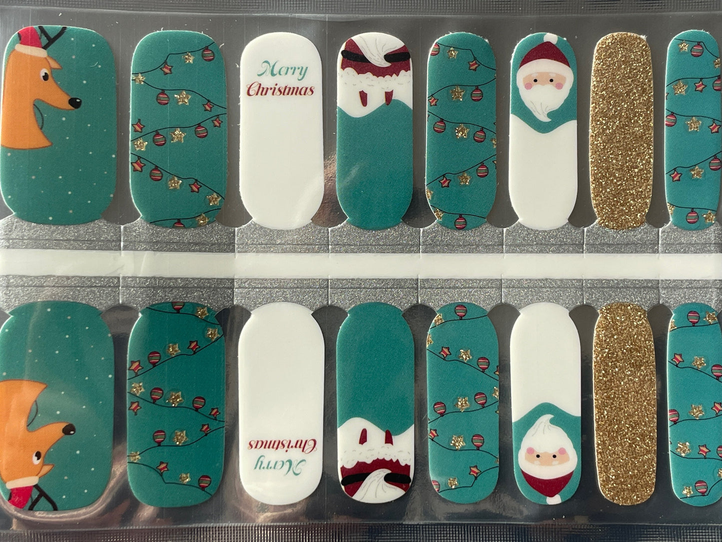 Teal Santa Nail Strips - Christmas Holiday Nail Wrap - Nail Strip - Dry Nail Polish