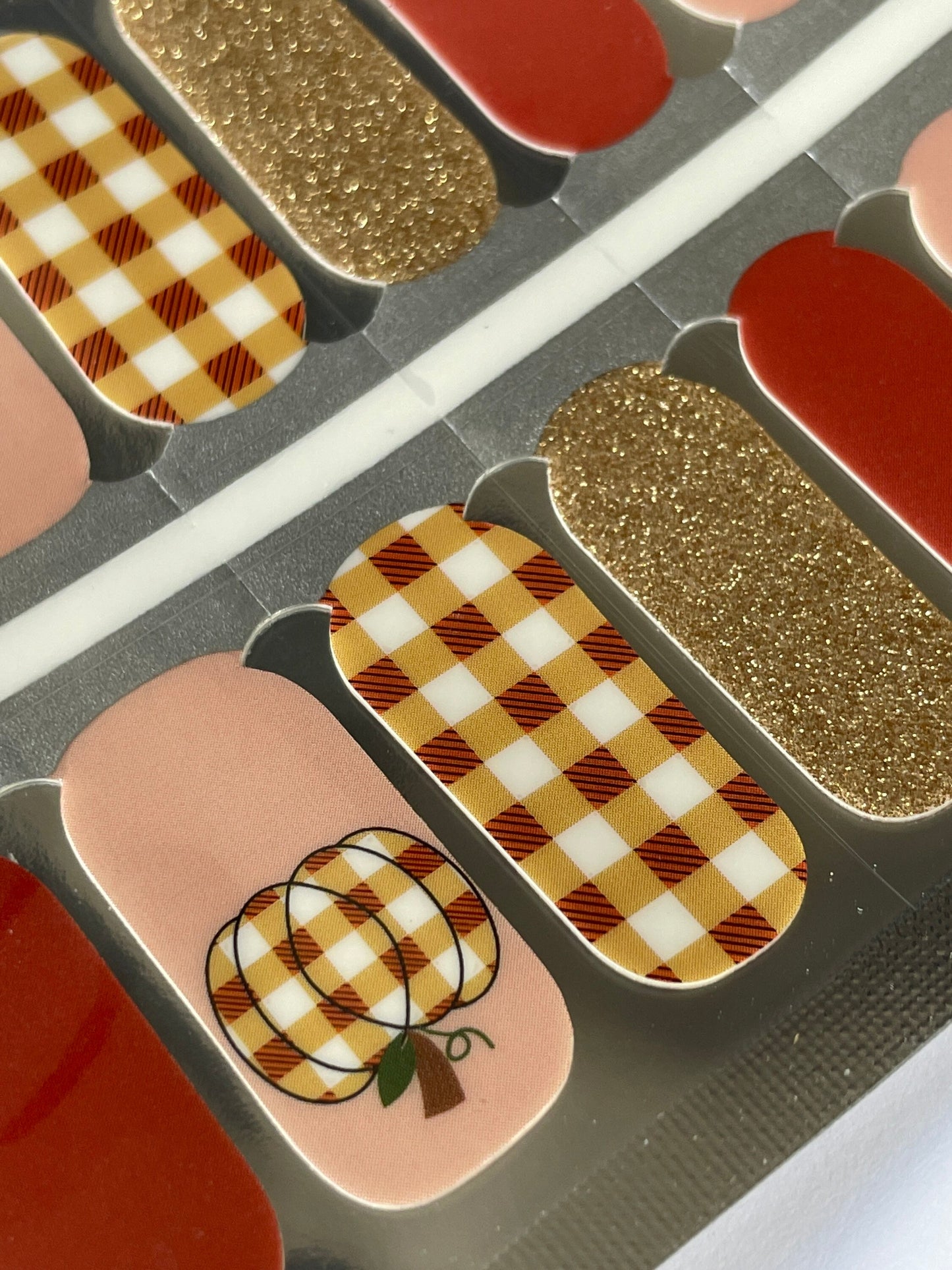 Gingham Pumpkin Glitter Nail Wraps - Autumn Nail Stickers - Dry Nail Polish - Long Wear Nail Wraps