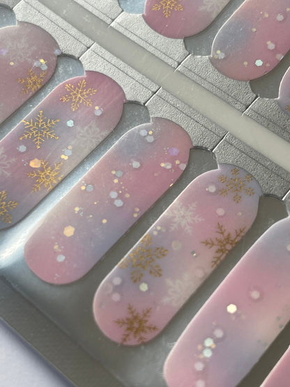 Pastel Winter Wonderland - Gold Snowflake on Pink - Glitter - Holiday - Nail Wrap - Nail Strip - Dry Nail Polish