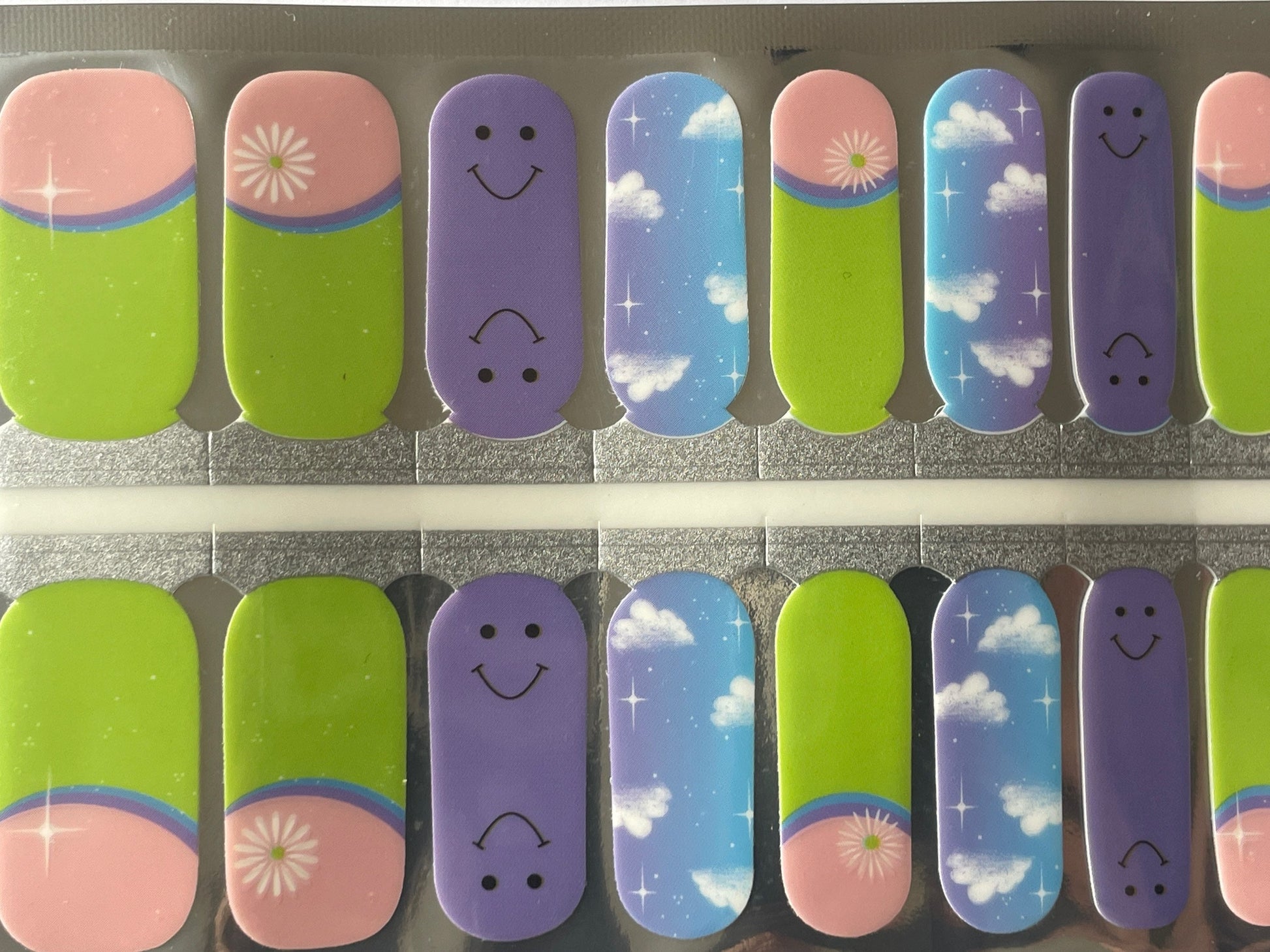 Cloudy with a chance of Smiles - Daisy - Green Grass - Light Blue - CLouds - Dry Nail Polish - Long Wear Nail Wraps - Nail Stickers