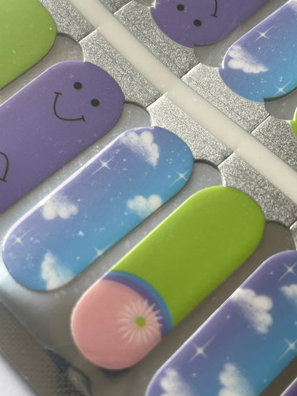 Cloudy with a chance of Smiles - Daisy - Green Grass - Light Blue - CLouds - Dry Nail Polish - Long Wear Nail Wraps - Nail Stickers